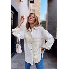 Qaju Kadın Tüvit Kumaş Detaylı Sim Şeritli Pamuklu Gömlek -Ekru