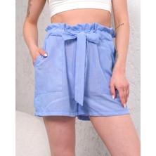 Kuşaklı Keten Şort Mavi S255265
