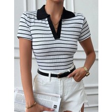 Polo Yaka Garnili Bluz Beyazsiyah