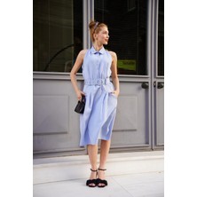 Gömlek Yaka Kemerli Elbise Mavi S255061