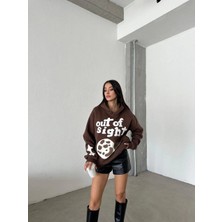3 Iplik Şardonlu Oversize Out Of Baskılı Sweat Kahve