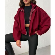 Adatto Bayan Bordo Kısa Bomber Kaşe Fermuarlı Kaban Mont Ceket