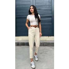 Boom Bester Kadın Keten Beli Lastikli Havuç Kesim Kemerli Pantolon