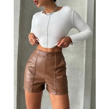Parçalı Cepli Deri Şort Taba W26312