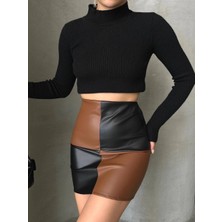 Damalı Deri Etek Siyah Kahve W24648