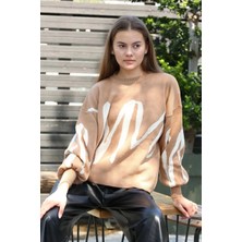 Beyaz Çizgili Bisiklet Yaka Kazak Vizon