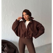 Adatto Bayan Kahverengi Kısa Kaşe Fermuarlı Bomber Kaban Mont Ceket