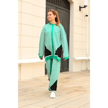 Çizgili Bisiklet Yaka Triko Takım Yeşil