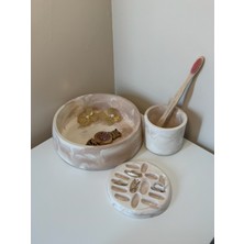 N-E Studio Mermer Desenli 3'lü Dekoratif Banyo Düzenleyici Set - Taş Tozu Diş Fırçalık, Takı Kasesi ve Yüzüklük