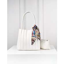 Rivina Elit Kadın Plise Makyaj Çantalı Fular Hediyeli El ve Omuz Çantası Beyaz