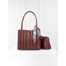 Rivina Elit Kadın Plise Makyaj Çantalı Fular Hediyeli El ve Omuz Çantası Bordo