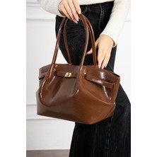 Rivina Kadın Premium Özel Kilit Aksesuarlı Vizon El ve Omuz Çantası Vizon