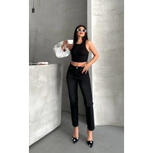 Mom Fit Enzim Bıyıklı Taş Yıkama Jeans Pantolon Siyah D2006