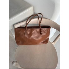 Rivina Nadi Tote Fermuarlı Örgü Detaylı Baget El Omuz Çantası Taba