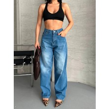 Baggy Süper Taş Bıyık Yıkama Mavi Jeans Pantolon D2007