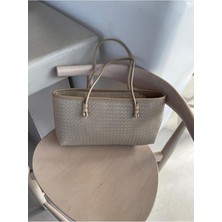 Rivina Nadi Tote Fermuarlı Örgü Detaylı Baget El Omuz Çantası Krem