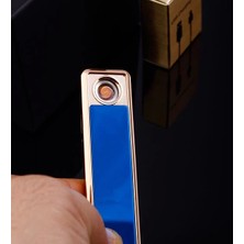 Şık Görünümlü USB Şarjlı Rezistanslı Ince Slim Metal Çakmak (Mavi) ( Lisinya )