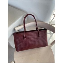 Rivina Nadi Tote Fermuarlı Örgü Detaylı Baget El Omuz Çantası Bordo