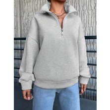 3 Iplik Şardonlu Yarım Fermuarlı Sweatshirt Gri