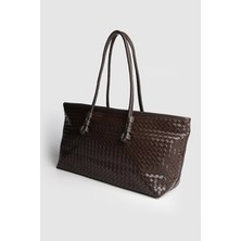 Rivina Nadi Tote Fermuarlı Örgü Detaylı Baget El Omuz Çantası Kahverengi