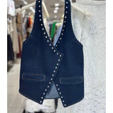 Maison MeDa Lacivert Zımbalı Anvelop Denim Yelek –