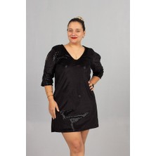 Truva Xxl Lüks Kadife Balık Pulu Desenli Büyük Beden Siyah Elbise