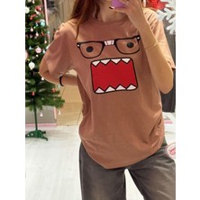 İsra Ayyıldız Moonstar Collection Domo Kunn Gözlüklü Oversize Kısa Kollu Y2K Kahverengi Bluz