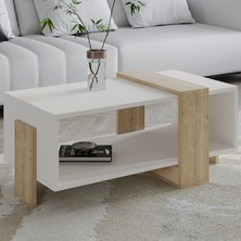 İnarch Dizayn Meleni Orta Sehpa – 90 cm Modern Tasarım – Raflı, Beyaz / Safir Meşe