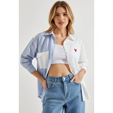 Qaju Kadın Pamuklu Poplin Kumaş Kalp Detaylı Tasarım Oversize Gömlek