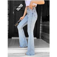 Flexifit Yüksek Bel Lacivert Kadın Ispanyol Paça Kot Pantolon – Esnek Denim Kumaş, Slim Üst Flare Alt Kalıp, Retro Modern Fit Jean