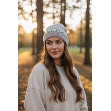 Tokuşka Örme Nakış Çiçek Desenli Inci Boncuk Işlemeli Kadın Kışlık Bere