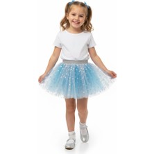 Dudese Kız Çocuk Işıltılı Kalp Desenli Mavi Tütü Etek Simli Gümüş Bel Detaylı