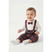 Mini Baray Erkek Bebek Yılbaşı Kıyafeti Kırmızı Kareli Askılı Pantolon ve Body Seti