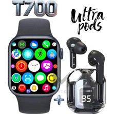 Özbience Akıllı Saat Siyah T700S ve Ultra Pods Kablosuz Bluetooth Kulaklık Set