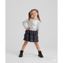 Dudese Kız Çocuk Gümüş Işıltılı Uzun Kollu Bluz ve Simli Kot Etek Takım