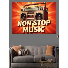 Artmeg Kırmızı "non Stop Music" Yazısı ve Vintage Kaset Çalar Dekoratif Kanvas - Mdf Ahşap Tablo
