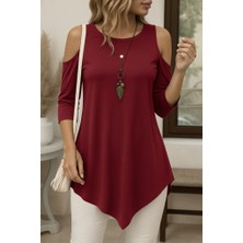 Cottonlab Kadın Omuzlardan Açık Sıfır Yaka Asimetrik Kesim Detay Viskon Bluz