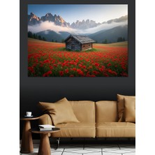 Artmeg Kırmızı Gelincik Çiçekleri Arasında Ahşap Kulube ve Dağ Manzarası Dekoratif Kanvas - Mdf Ahşap Tablo