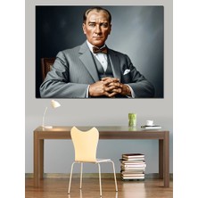 Artmeg Açık Mavi Takım Elbiseli Mustafa Kemal Atatürk Portresi Dekoratif Kanvas - Mdf Ahşap Tablo