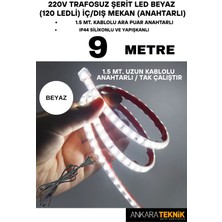 Ankara Teknik 220V Trafosuz Şerit LED Beyaz Renk (120 Ledli). Anahtarlı Arapuar Kablolu/ Tak Çalıştır/ 9 Metre