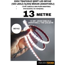 Ankara Teknik 220V Trafosuz Şerit LED Beyaz Renk (120 Ledli). Anahtarlı Arapuar Kablolu/ Tak Çalıştır/ 13 Metre