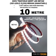 Ankara Teknik 220V Trafosuz Şerit LED Beyaz Renk (120 Ledli). Anahtarlı Arapuar Kablolu/ Tak Çalıştır/ 10 Metre