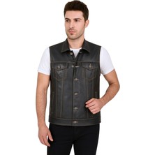 Derije Indiana Hakiki Deri Erkek Biker Motorcu Tarzı Siyah Kot Model Yelek