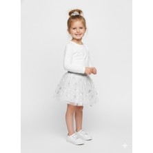 Dudese Kız Çocuk Unicorn Baskılı Beyaz Tütü Etek Simli Gümüş Bel Detaylı