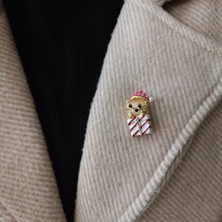 Lente Aksesuar Pembe Şapkalı Hediye Kutulu Kedi Broş-Yeni Yıl Kedisi Yaka Iğnesi