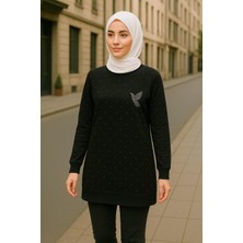 Sosyete Awm Modal Kumaş Bordo Taş Detaylı Uzun Kolu Tunik Rahat Kesim Günlük Kadın Sweat Tesettür Tunik