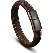 HERİF Erkek Kahve & Kahve Saç Örgülü Çelik ve Deri Bileklik