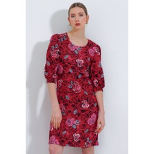 Bordo Gül Desenli Midi Elbise 2477