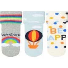 3'lü Gökkuşağı Uçan Balon Desenli Kaydırmaz Tabanlı Erkek Bebe Havlu Çorabı