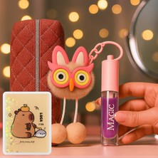 Makyaj Çantası + Dudak Parlatıcısı Anahtarlık Figürlü (Hediye) + Makyaj Aynası - 3 Ad Ürün